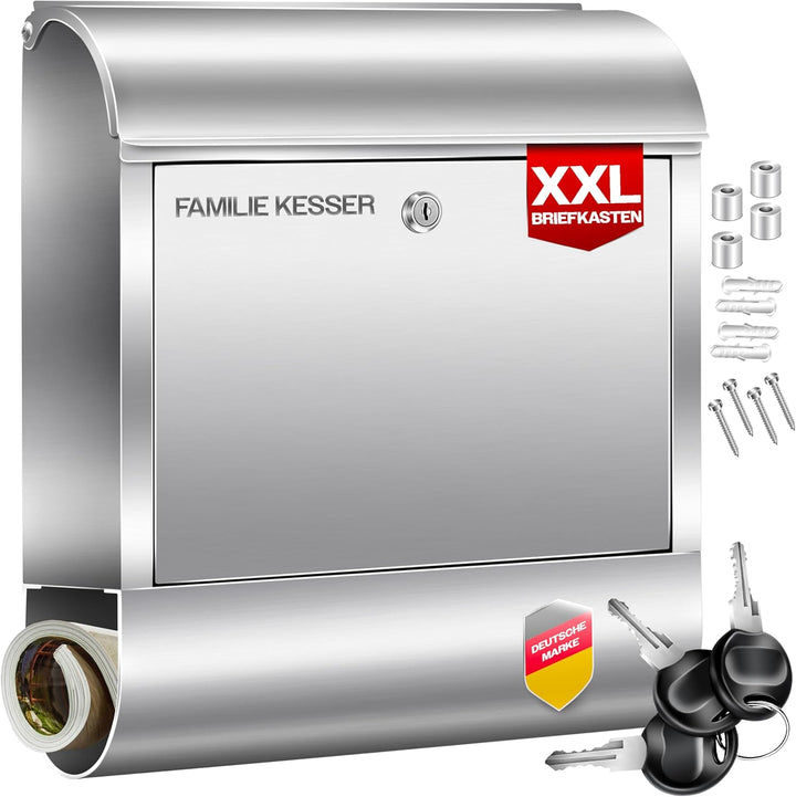 KESSER® XXL Briefkasten Edelstahl mit Zeitungsfach, gebürstet, 3X Schlüssel abschliessbar, Pulverbes