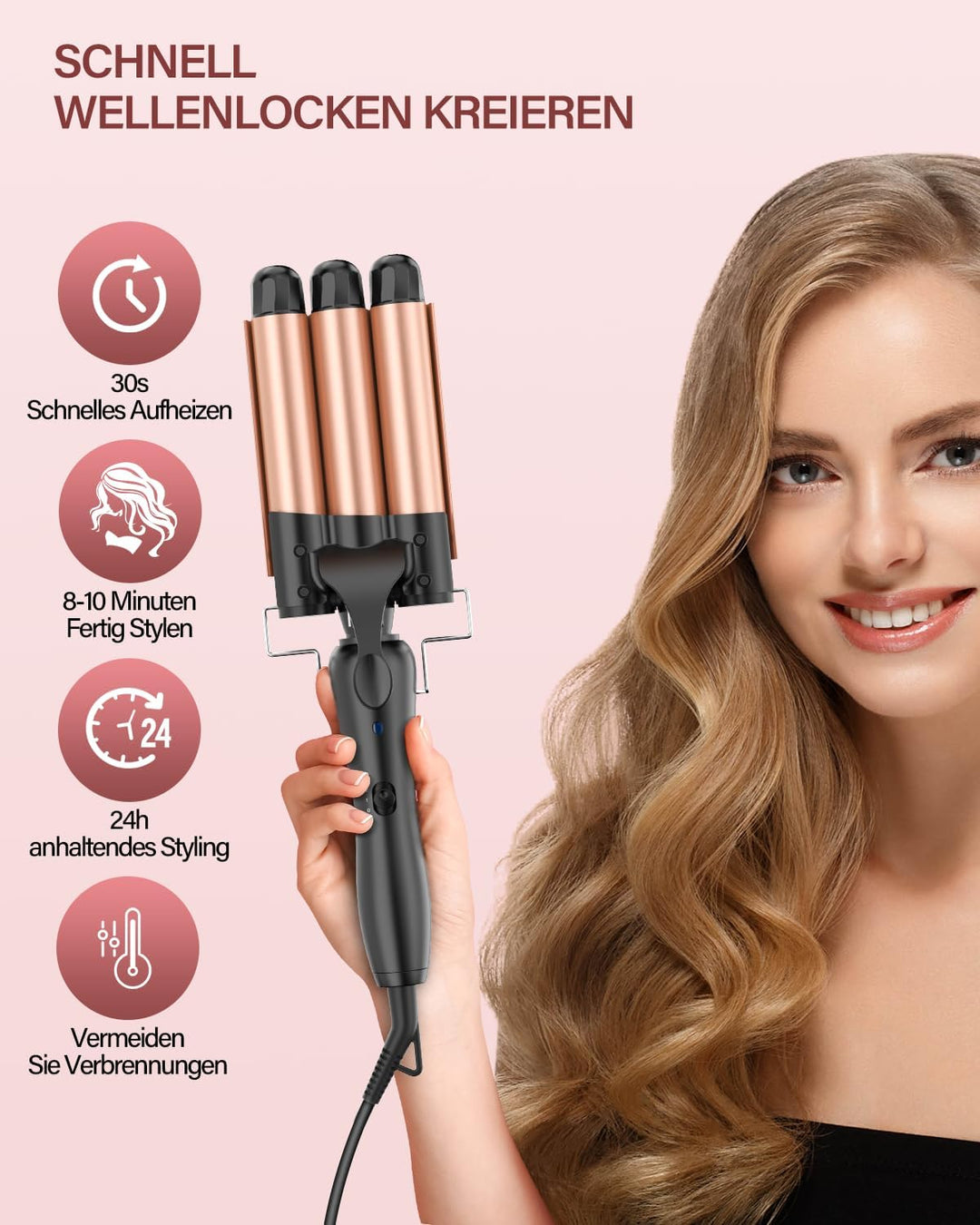 Lockenstab 3 FäSser Beach Waves Welleneisen für Haare, 25mm Kleine Locken Keramik Lockeneisen-Temper