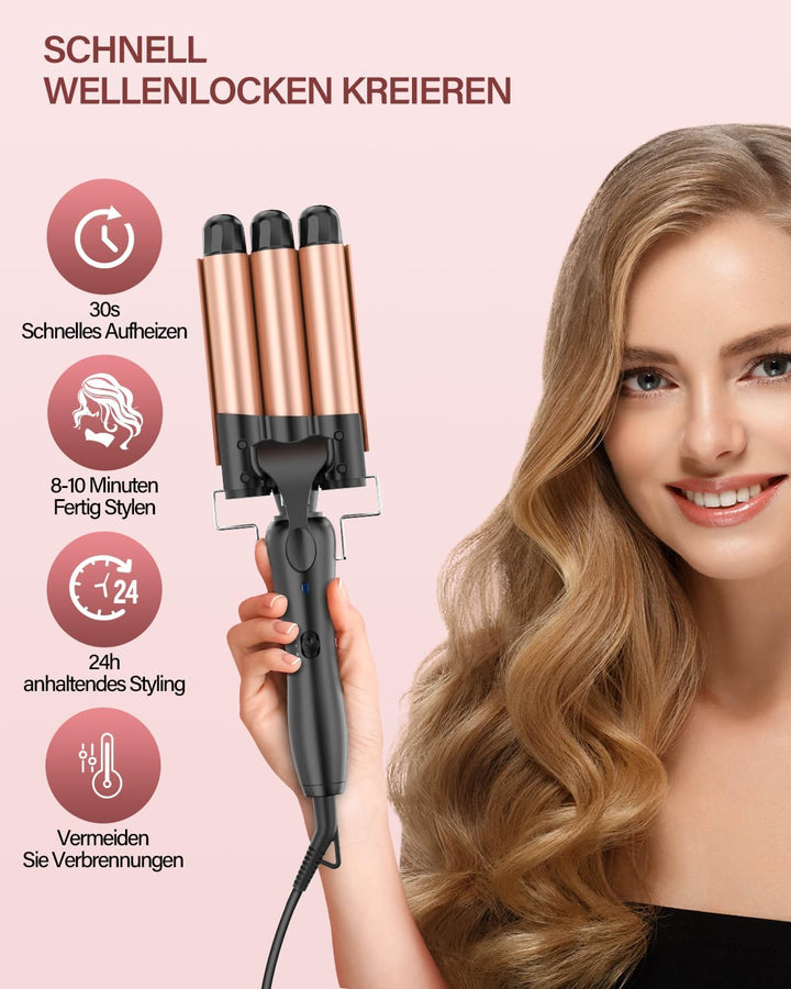 Lockenstab 3 FäSser Beach Waves Welleneisen für Haare, 25mm Kleine Locken Keramik Lockeneisen-Temper
