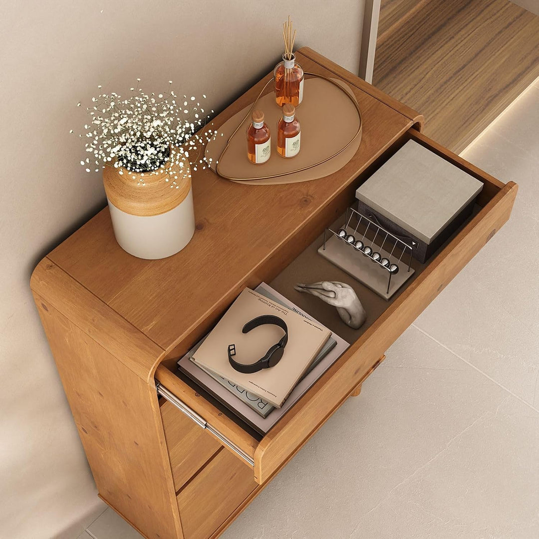 Schuhkipper NAEL mit 2 Klappen und Schublade, Eiche farben – schmaler Schuhschrank aus massivem Kief