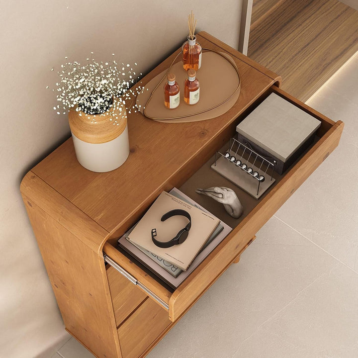 Schuhkipper NAEL mit 2 Klappen und Schublade, Eiche farben – schmaler Schuhschrank aus massivem Kief