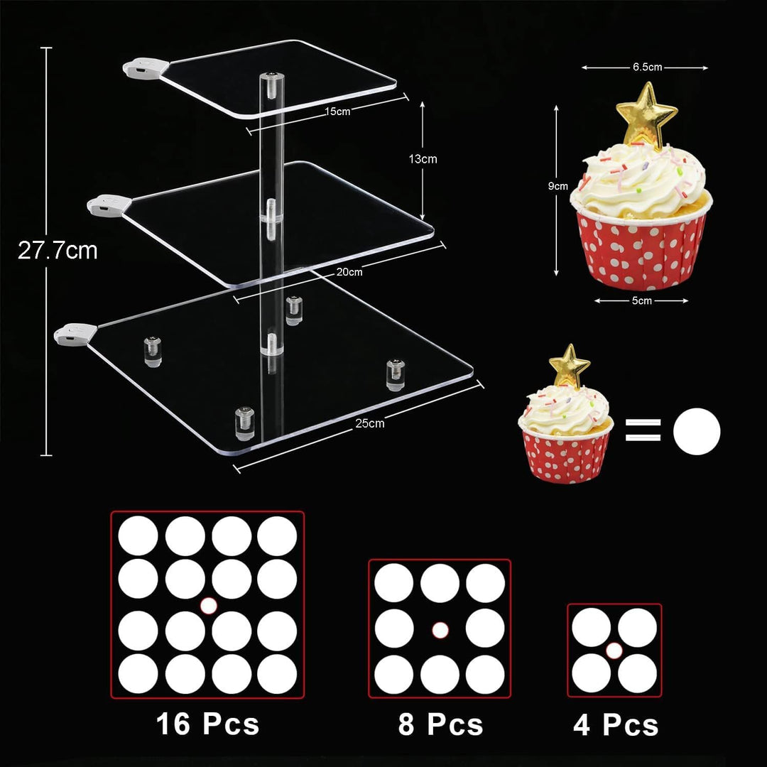 3 Etagen Cupcake Ständer, Ulifeme Wiederaufladbarer LED-Licht Quadrat Transparenter Dessert Tortenst