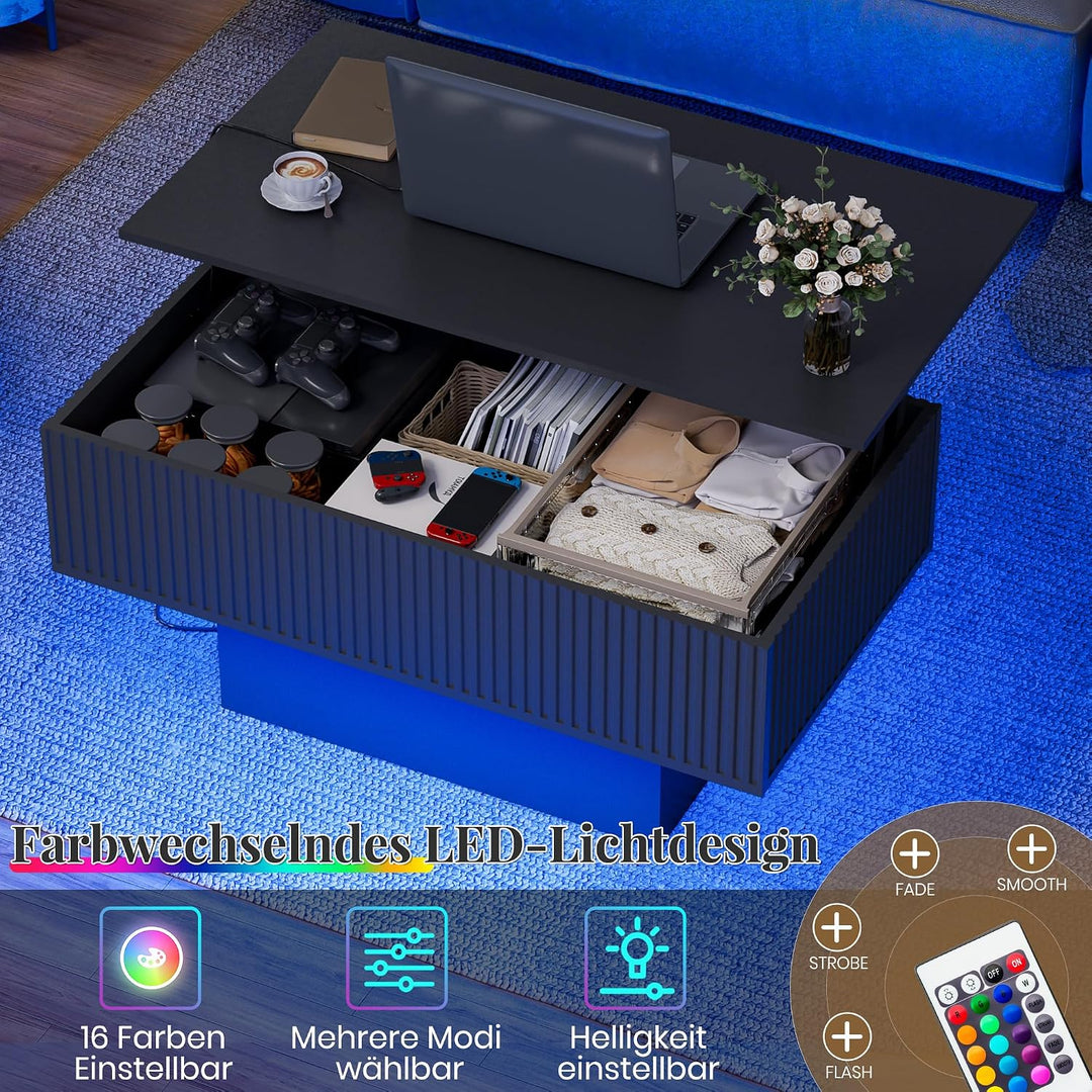 38,2" Lift-Top-Couchtisch mit Stauraum und LED-Beleuchtung, Moderner geriffelter Massivholz-Couchtis