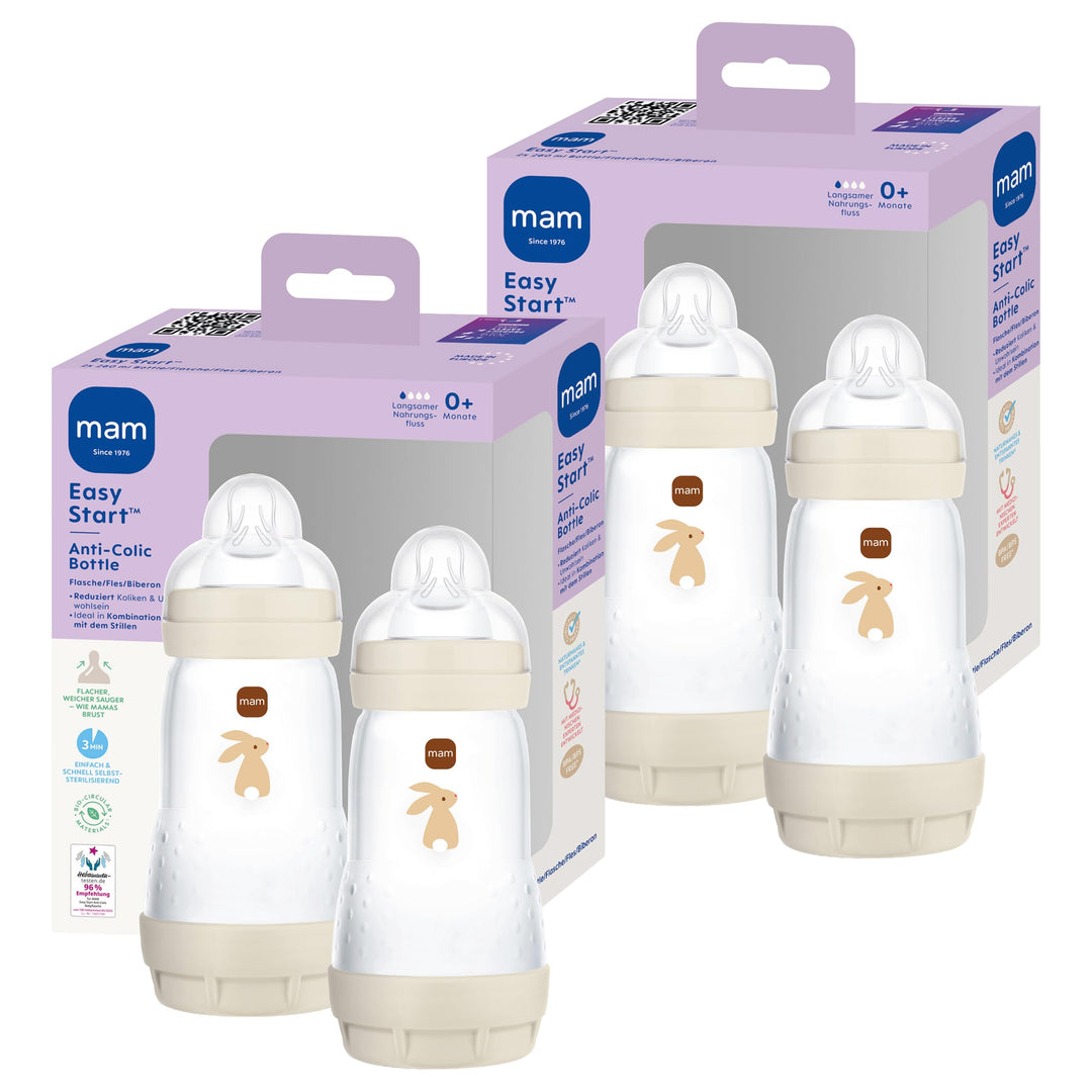 MAM Easy Start Anti-Colic Babyflasche 260 ml, 4er-Set, 0+ Monate, beige