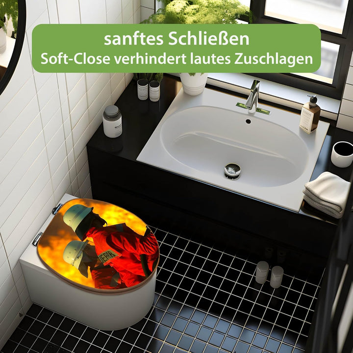 banjado® Design WC Sitz Bambus Absenkautomatik mit Motiv Feuer/Toilettendeckel mit Absenkautomatik H