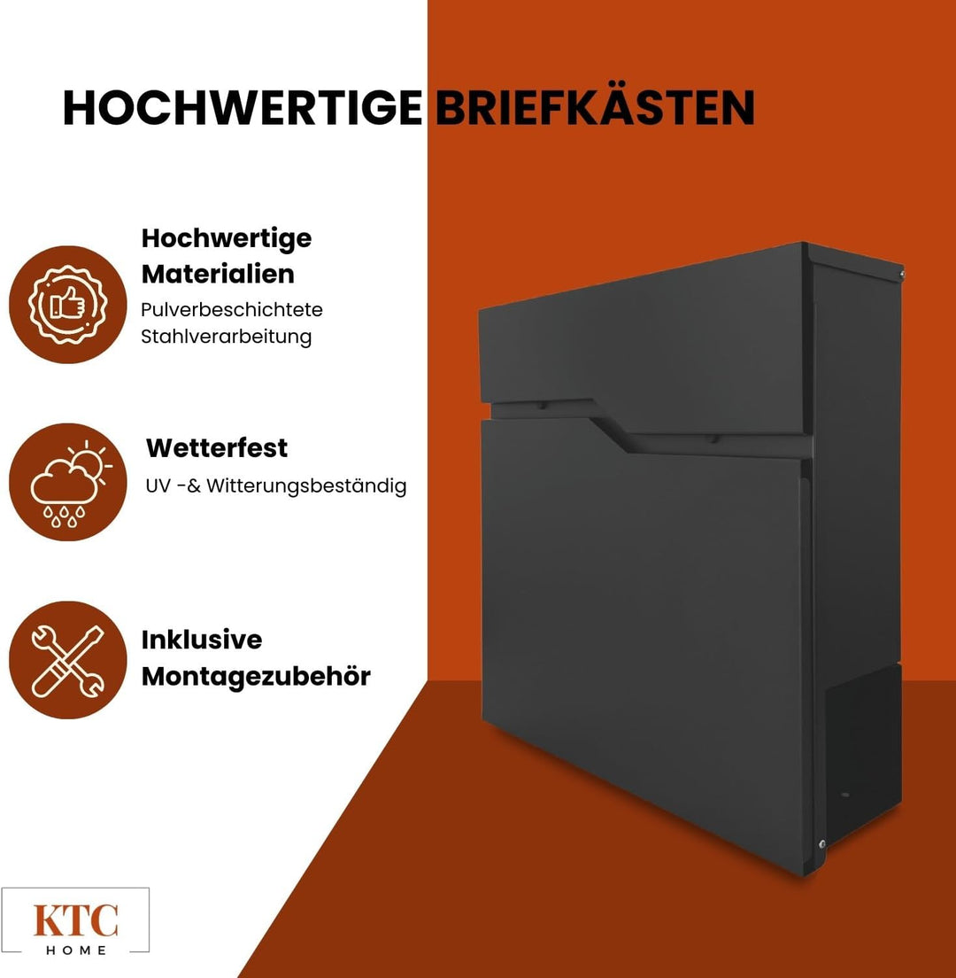 KTC- Home Premium Briefkasten Postlux 4.0 Schwarz - mit Edelstahlblende- UV & Witterungsbeständig -