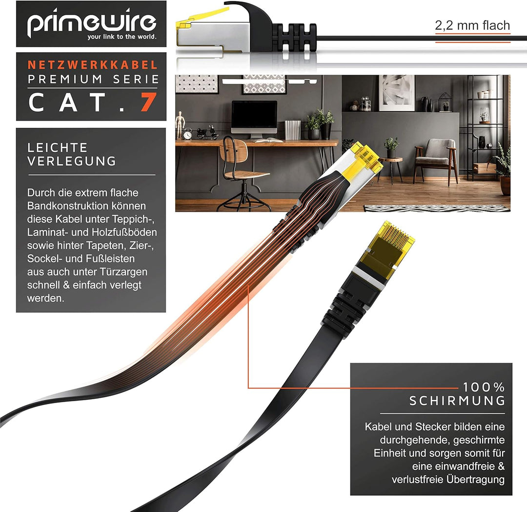 15m CAT 7 Netzwerkkabel Flach, Ethernet Kabel, Gigabit Lan 10 Gbit s, Patchkabel, Flachbandkabel, Ve