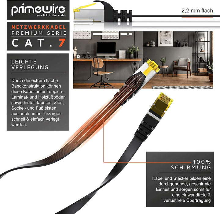 15m CAT 7 Netzwerkkabel Flach, Ethernet Kabel, Gigabit Lan 10 Gbit s, Patchkabel, Flachbandkabel, Ve