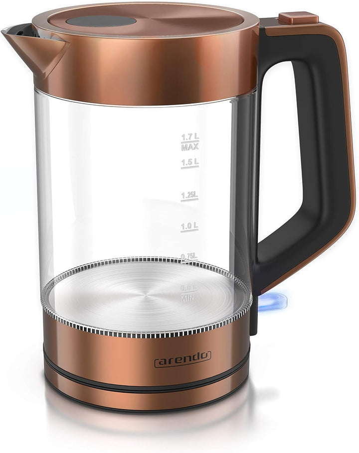 Arendo - Glas Wasserkocher Edelstahl - 1,7 Liter - 2200W - Cool Touch Griff - One Touch Verschluss -