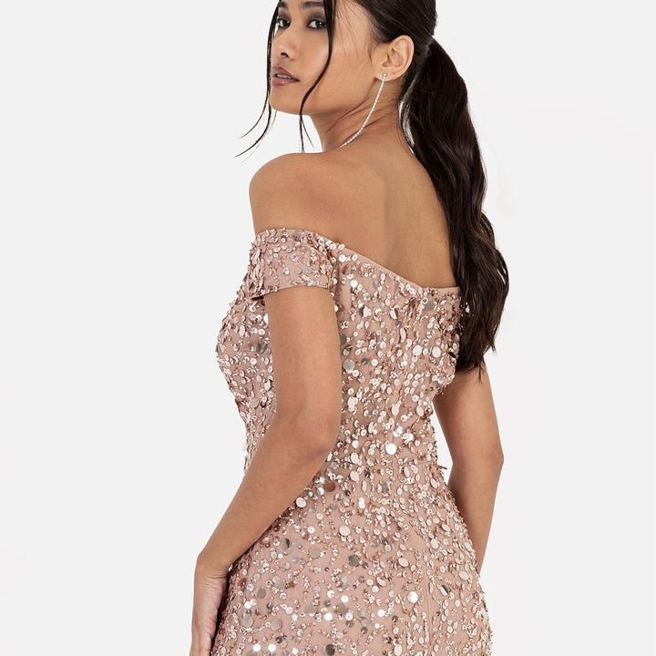 Maya Deluxe Damen Ladies Maxi with Slit Split Bardot Sleevless Sequin Embellishment Evening Gown for