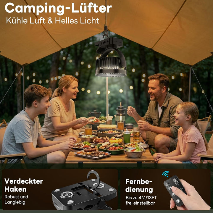 ELZO 12000mAh Campingventilator, USB-Tischventilator mit LED-Licht, Aufhängehaken und Magnetverschlu