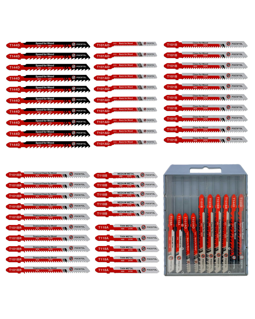 FOCSTOL Stichsägeblatt Set 50tlg mit Aufbewahrungskoffer - HSS/HCS T-Schaft Stichsägeblätter zum Sch