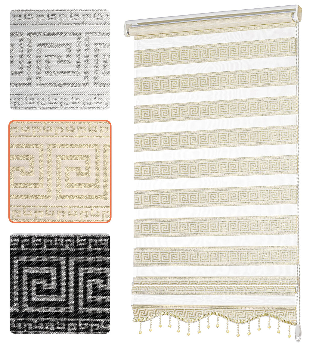 Doppelrollo mit Muster Mäander Deko Griechische Welle Ornament Motiv Klemm Duo Rollos für Fenster In