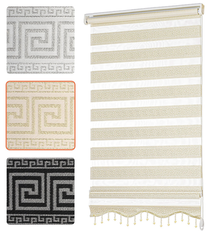 Doppelrollo mit Muster Mäander Deko Griechische Welle Ornament Motiv Klemm Duo Rollos für Fenster In