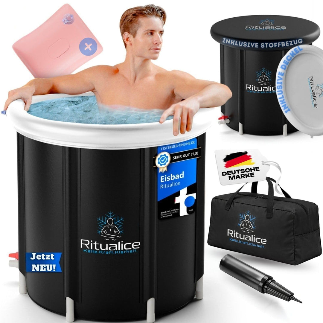 Ritualice® Eisbad (80 cm Ø) XL Komplettset - TESTSIEGER - Eistonne Set mit Deckel, Stoffbezug und XL