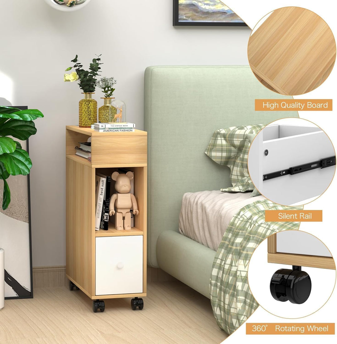 PIPIPOXER Nachttisch Schmal mit Rollen, Kleiner Nachtschrank Eichenfarbe, mit 1 Schubladen und USB-A