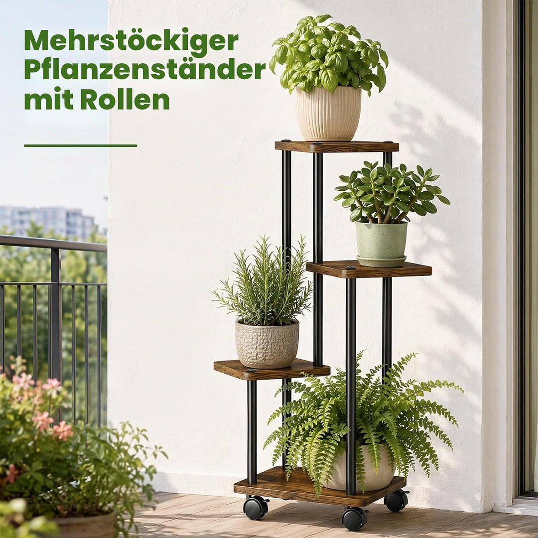 Blumenständer mit Rollen, 4 Etagen Pflanzenständer aus Metall und Holz, Platzsparend Indoor Pflanzen