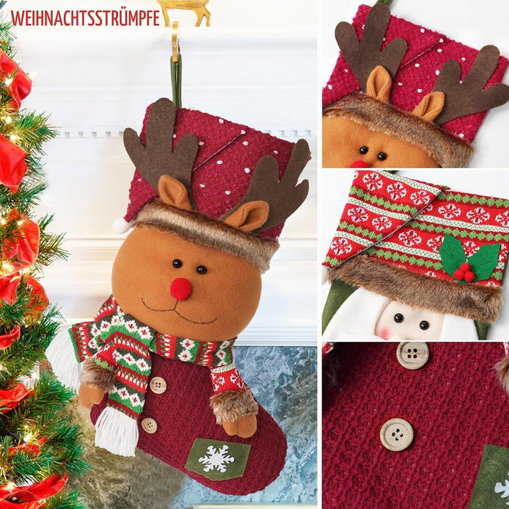 LOMOHOO Nikolausstrumpf,3 Stück Weihnachtsstrumpf, Gross Nikolausstiefel zum Befüllen Aufhängen, Nik