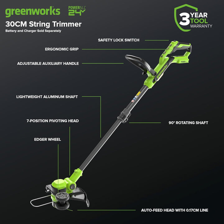 Greenworks 24V Akku-Rasentrimmer, 30 cm Schnittbreite, 90° Dreh- und Neigbarer Motorkopf, inkl. Fade