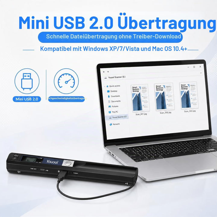 Handscanner mit 16G Micro SD, 900 DPI Tragbarer Hand-Dokumentenscanner Farbscanner, A4 Scanner Scann