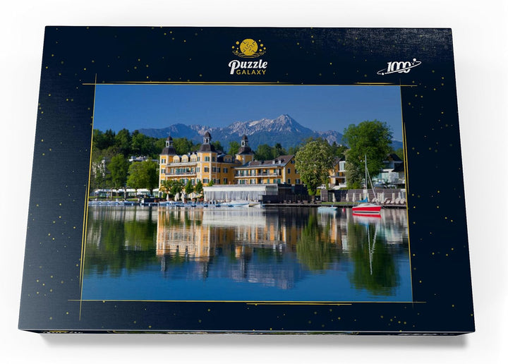 Schlosshotel am See gegen Mittagskogel (2143m), Velden, Wörther See, Österreich - Premium 1000 Teile