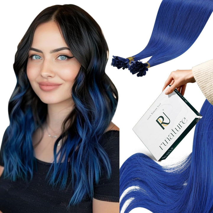 RUNATURE Blaue Haarverlängerungen Bonding Extensions Echthaar Lang 55cm Blau Extensions Echthaar Bon