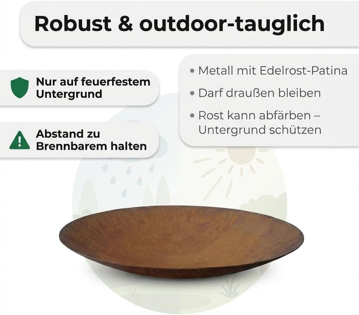 Feuerschale Garten aus Metall, runde Edelrost Feuerschale in Rostoptik, dekorative Feuerstelle für T