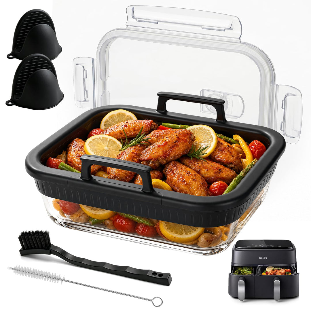 Glas-Auflaufform Airfryer mit Deckel, BPA-frei Glasform für Airfryer mit Abnehmbaren Silikongriffen,