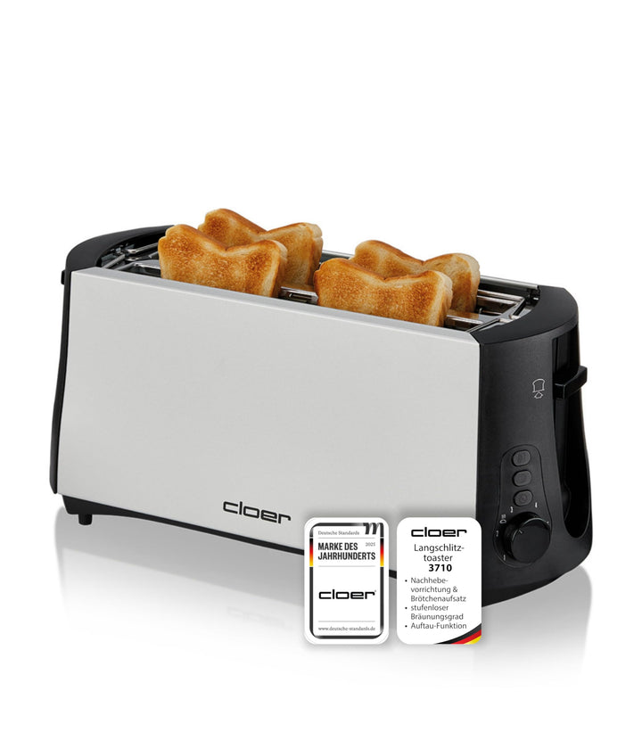 Cloer 3710 Langschlitztoaster für 4 Toastscheiben / 1380 W / integrierter Brötchenaufsatz / Nachhebe