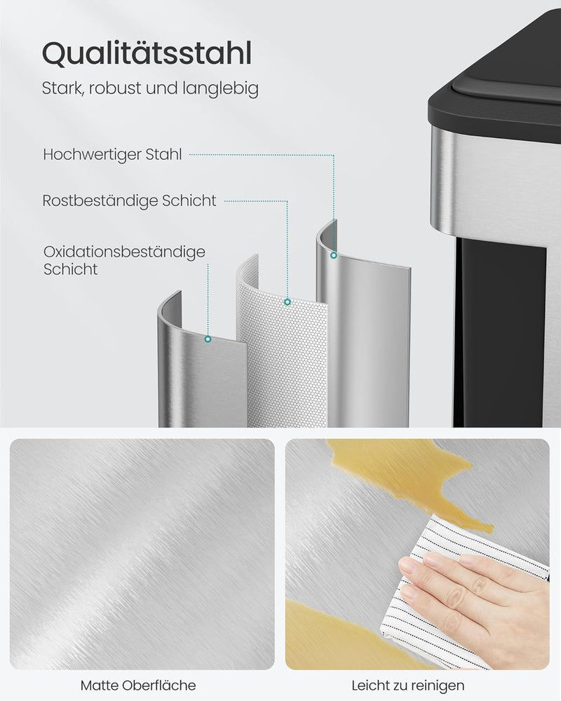 SONGMICS Mülleimer Küche, Mülltrennsystem 2 x 15 L, 2 Fächer für Recycling und Restmüll, Abfalleimer