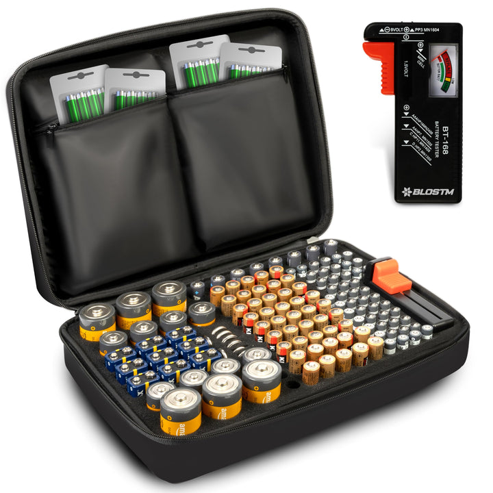 BLOSTM Batterie Organizer mit Batterietester | Batterie Aufbewahrungsbox für 140 Batterien AAA, AA,