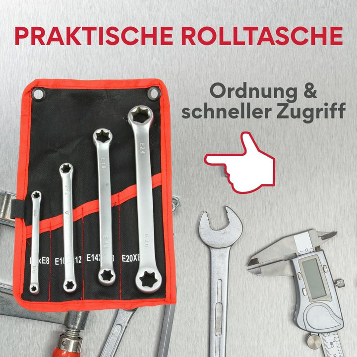 Aussen Torx Ringschlüssel Set E6–E24 CrV Stahl | E-Torx 4 Doppelringschlüssel in 8 Grössen | Präzise