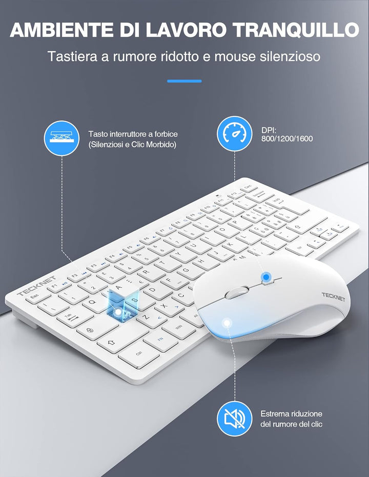 TECKNET italienisches QWERTY-Layout Kabelloses Tastatur- und Maus-Set, 2,4 G kabellose Tastatur und