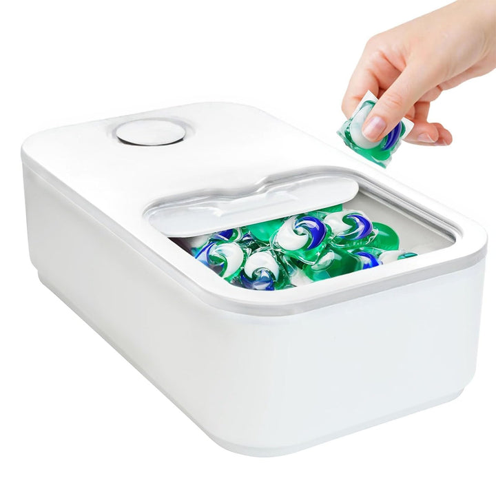Waschmittel Pods Aufbewahrung für 100 Stück | Schiebedeckel-Design mit Messbecher | Organizer für Wa