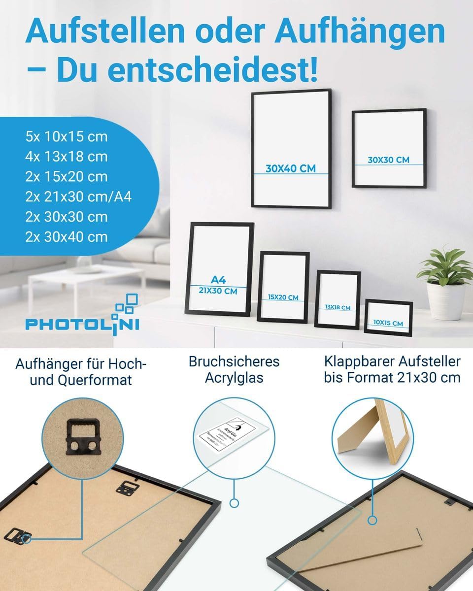PHOTOLINI 17er Bilderrahmen-Set Modern Schwarz aus MDF 10x15 bis 30x40 cm | Bildergalerie | Bilderwa