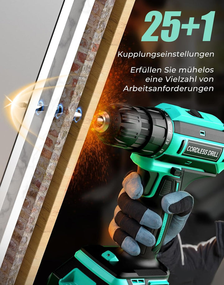 Akkuschrauber, 20V Akku Bohrschrauber, 25+1 Drehmomentstufen Akkubohrer, 42Nm Max Drehmoment, LED-Li