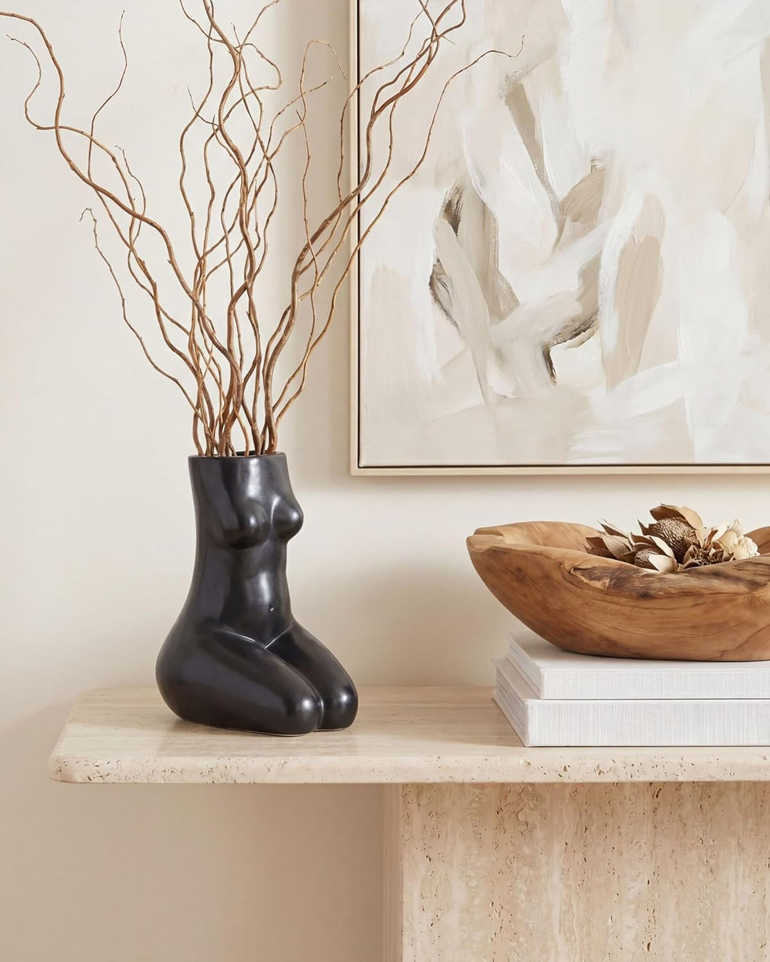 Blumenvase Keramik handgefertigt schwarz 22 cm weibliche Form Modern Pyrgos