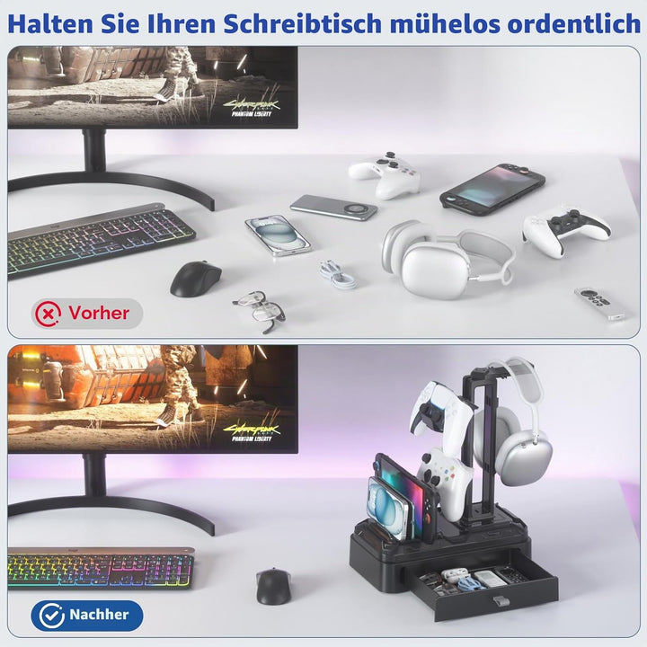 KDD Kopfhörer Ständer Gaming mit Schublade - Drehbare Headset Halterung Tisch &amp; Controller Halter PS