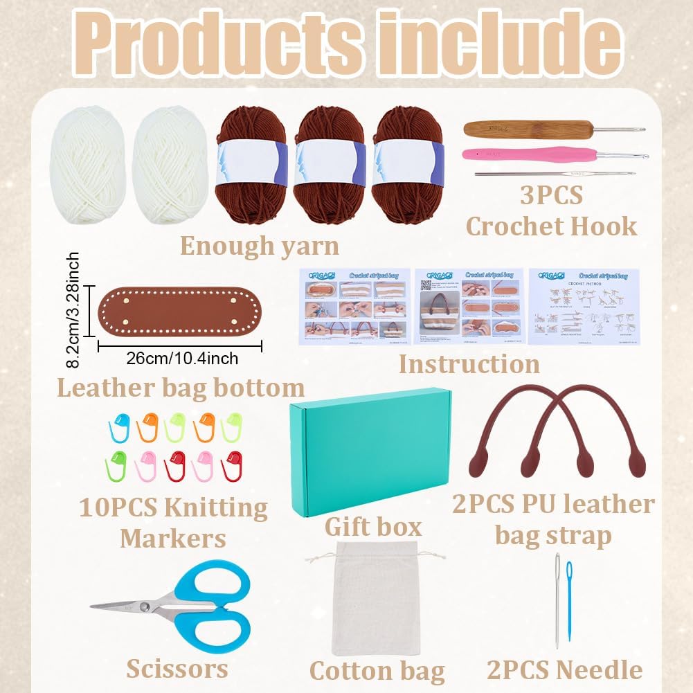 ORIGACH Handtasche Häkelset mit PU-Lederband und -Basis Für Anfänger, DIY Schokoladenbraune gestreif
