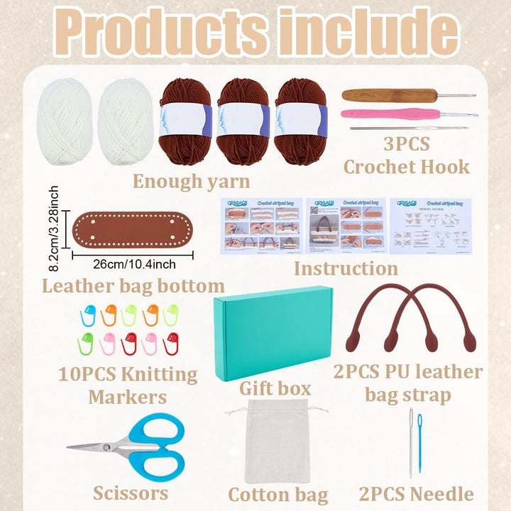 ORIGACH Handtasche Häkelset mit PU-Lederband und -Basis Für Anfänger, DIY Schokoladenbraune gestreif