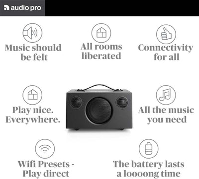 Audio Pro Addon C3 - Tragbarer Multiroom Lautsprecher Klein mit Bluetooth & WiFi - Kabelloser Smart