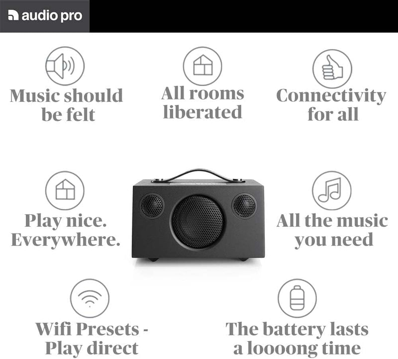 Audio Pro Addon C3 - Tragbarer Multiroom Lautsprecher Klein mit Bluetooth & WiFi - Kabelloser Smart