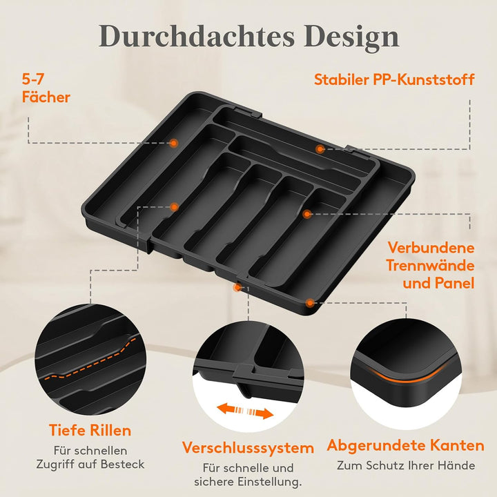 Lifewit Besteckkasten für Schubladen, verstellbarer Besteckeinsatz Tiefe 35 cm, 7-9 Fächer Kunststof