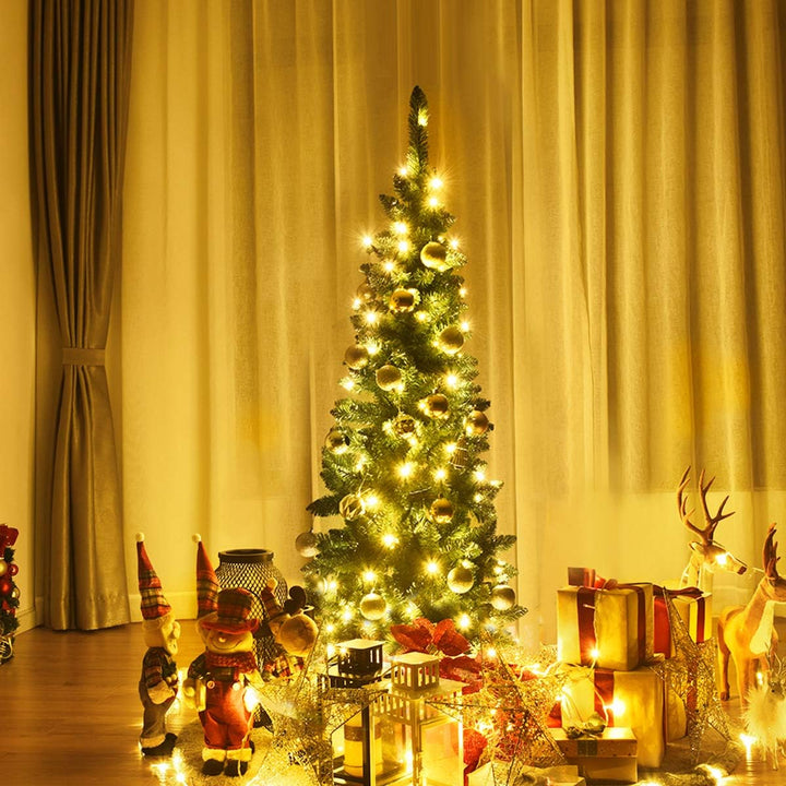 COSTWAY 135/200/225cm Bleistift Weihnachtsbaum mit warmweissen LED-Leuchten, künstlicher Tannenbaum