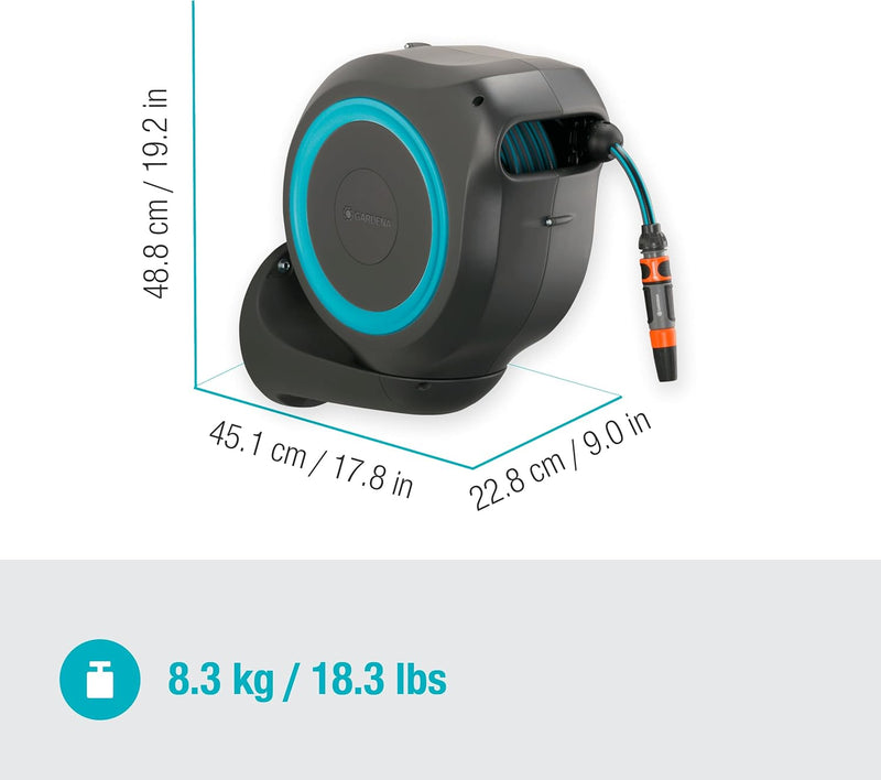 Gardena Wand-Schlauchbox Rollup M (türkis) 20m: Flexible Bewässerung für mittelgrosse Gärten, schwen