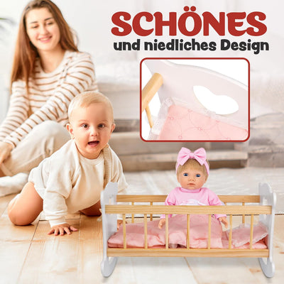 Green series Kinderplay Puppenwiege aus Holz, Weiss Puppenbett Holz, Wiege für Puppe – Set Wiege mit