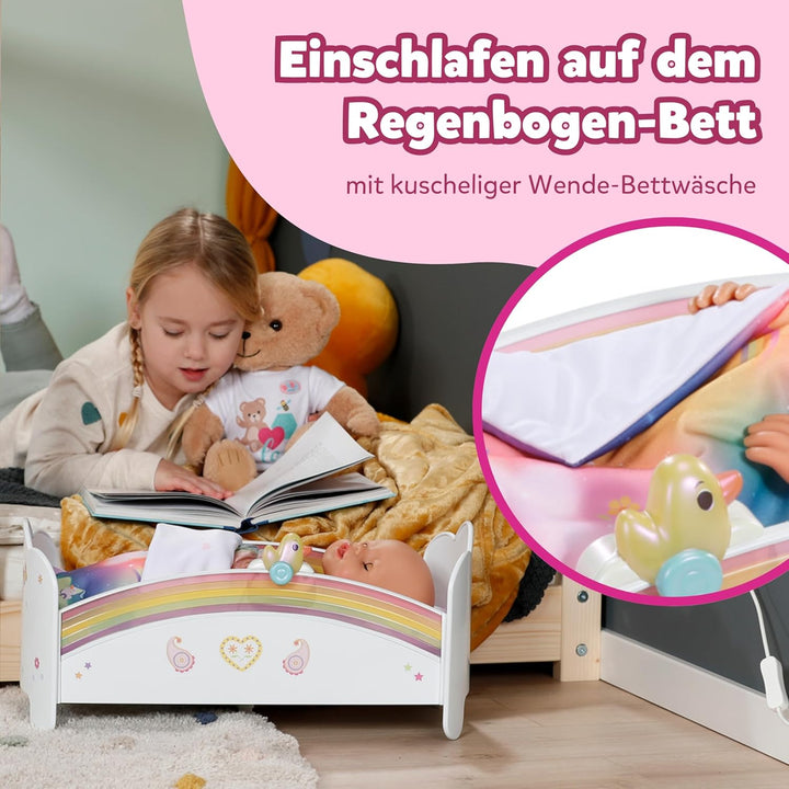 BABY Born Regenbogenbett, Puppenbett mit Regenbogenlichtern und beruhigender Einschlafmelodie inkl.