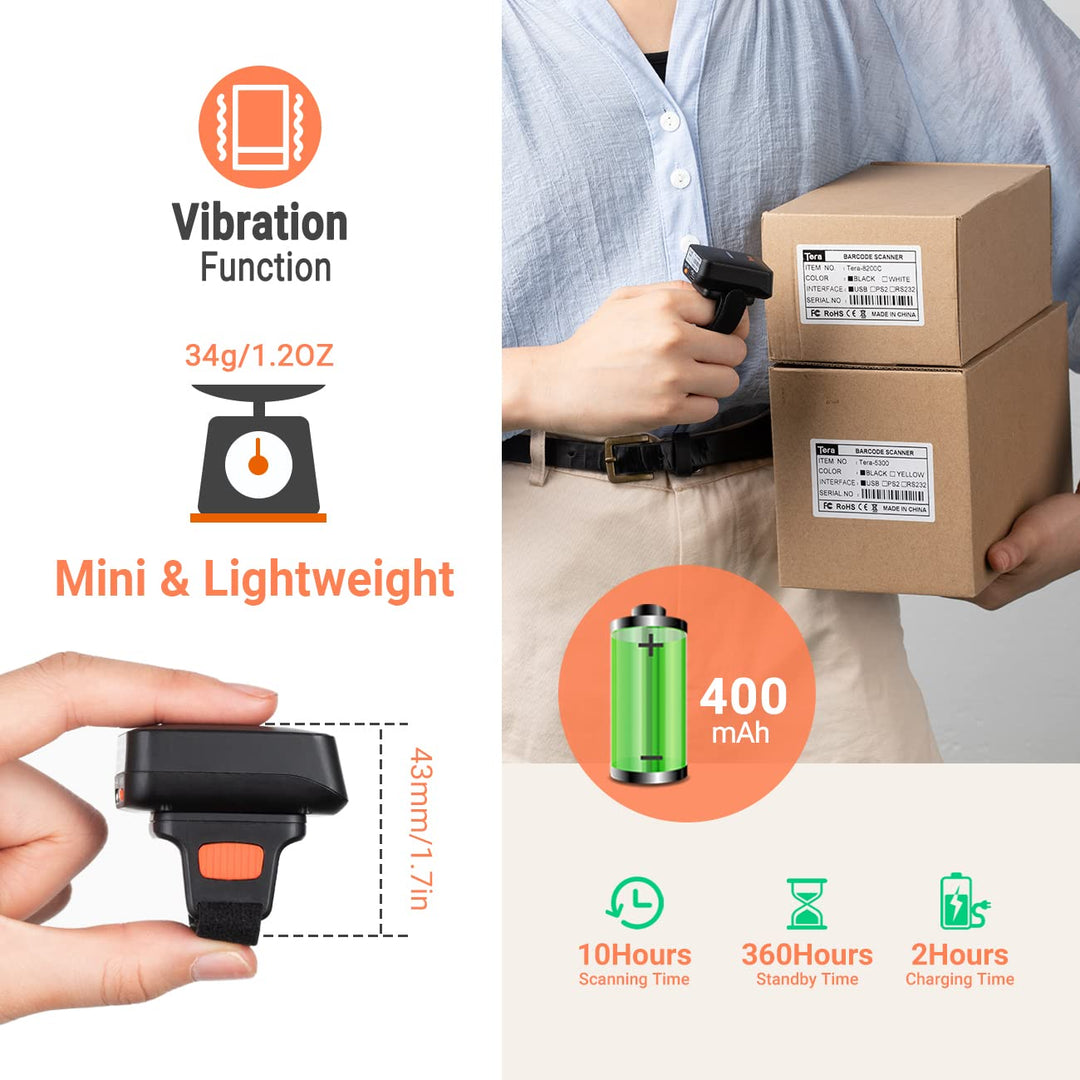 Tera Pro Series Mini CMOS Ring Barcode Scanner 1D 2D QR Barcode Scanner Wireless Bluetooth &amp; Wireles