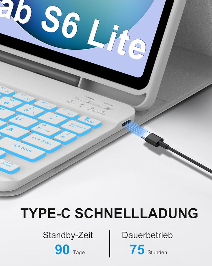 Hülle mit 7-Farben Beleuchteter Deutscher Tastatur für Samsung Galaxy Tab S6 Lite (2020/2022/2024) 1