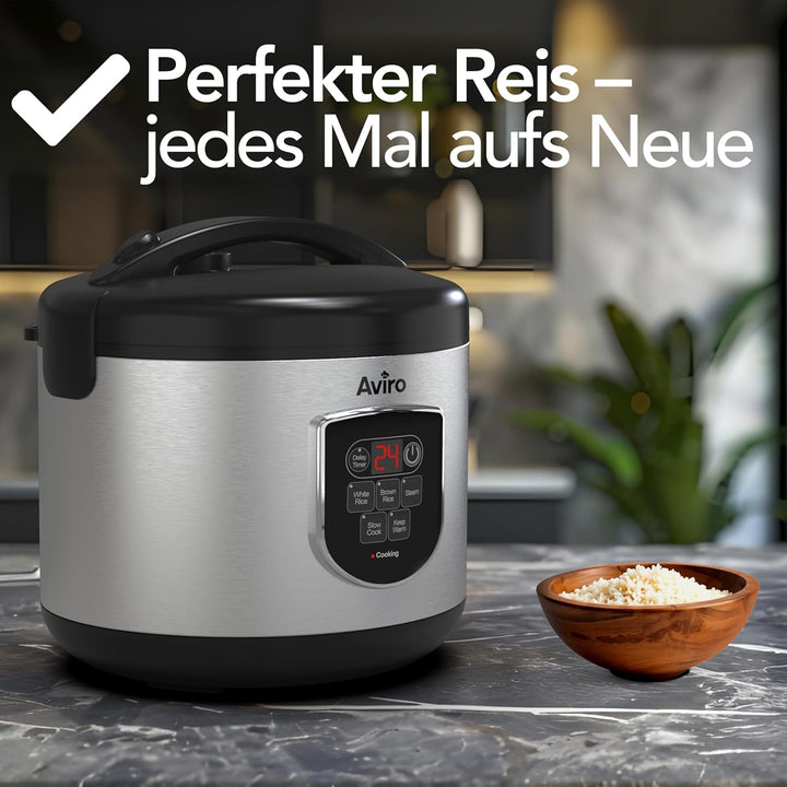 Aviro Reiskocher – Slow Cooker – 1,8 l – 7 Funktionen – Warmhaltefunktion – Reiskocher – Antihaftbes